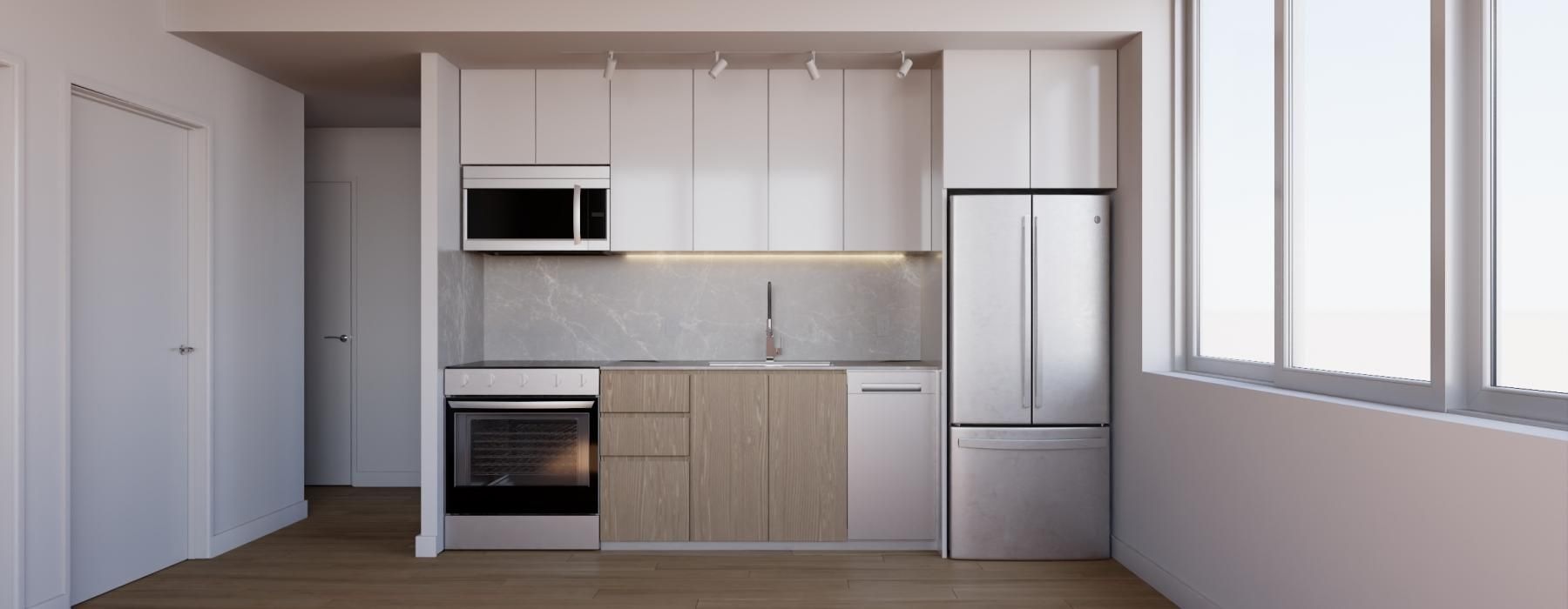 a kitchen with white cabinets