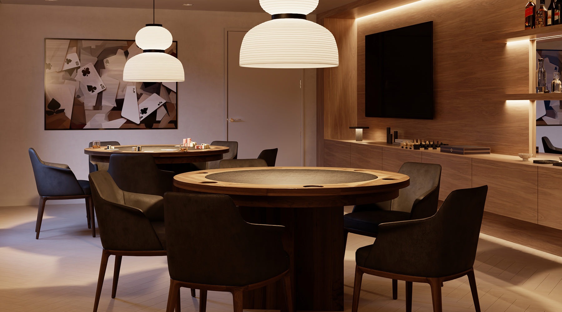 Recreation room at Residences at NOMI apartments for rent in North Miami, FL, featuring poker tables and mood lighting.